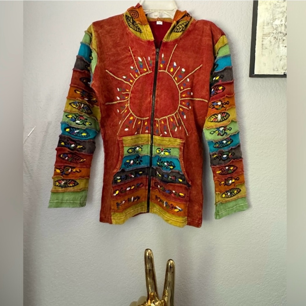 NEW 🌈 Boho Rainbow Nepal Hoodie.  Handmade Patch Super Soft StoneWashed Cotton.